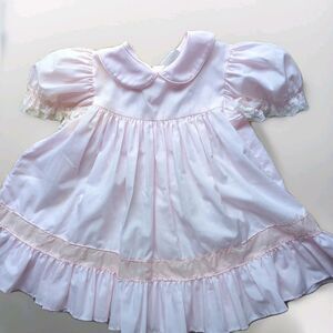Vintage Bryan Pale Pink Lace 2T Pinafore Ruffle Short Sleeve Christening Dress